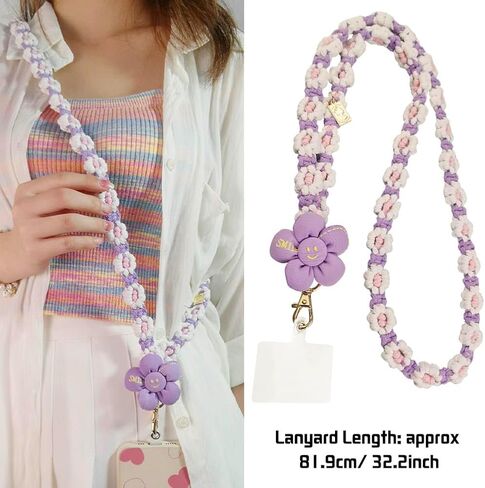 حبل للهاتف الخلوي من Boho Macrame مضفر على شكل زهور الأقحوان، حبل هاتف عالمي مصنوع يدويًا مع علامة تبويب حبل in Kuwait
