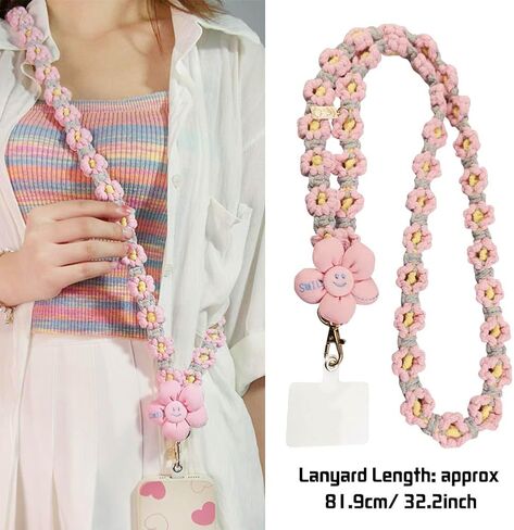 حبل للهاتف الخلوي من Boho Macrame مضفر على شكل زهور الأقحوان، حبل هاتف عالمي مصنوع يدويًا مع علامة تبويب حبل in Kuwait