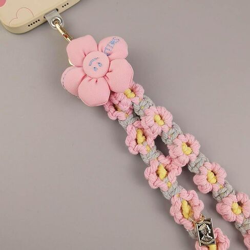 حبل للهاتف الخلوي من Boho Macrame مضفر على شكل زهور الأقحوان، حبل هاتف عالمي مصنوع يدويًا مع علامة تبويب حبل in Kuwait