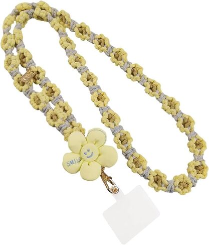 حبل للهاتف الخلوي من Boho Macrame مضفر على شكل زهور الأقحوان، حبل هاتف عالمي مصنوع يدويًا مع علامة تبويب حبل in Kuwait