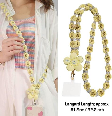 حبل للهاتف الخلوي من Boho Macrame مضفر على شكل زهور الأقحوان، حبل هاتف عالمي مصنوع يدويًا مع علامة تبويب حبل in Kuwait