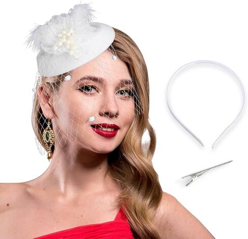 Bohend Fascinator Hat Flower Feather Veil Vintage Derby Hat Tea Party Wedding Hair Accessories with Pearl for Women and Girls in Saudi Arabia