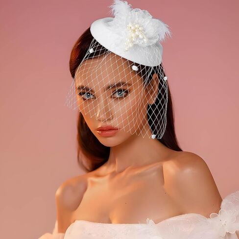 Bohend Fascinator Hat Flower Feather Veil Vintage Derby Hat Tea Party Wedding Hair Accessories with Pearl for Women and Girls in Saudi Arabia