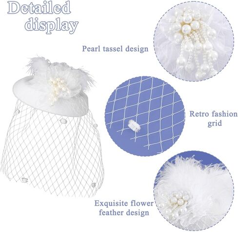 Bohend Fascinator Hat Flower Feather Veil Vintage Derby Hat Tea Party Wedding Hair Accessories with Pearl for Women and Girls in Saudi Arabia