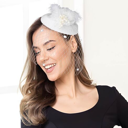 Bohend Fascinator Hat Flower Feather Veil Vintage Derby Hat Tea Party Wedding Hair Accessories with Pearl for Women and Girls in Saudi Arabia