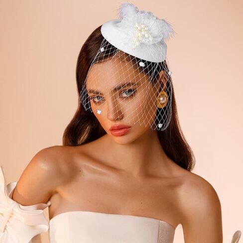 Bohend Fascinator Hat Flower Feather Veil Vintage Derby Hat Tea Party Wedding Hair Accessories with Pearl for Women and Girls in Saudi Arabia