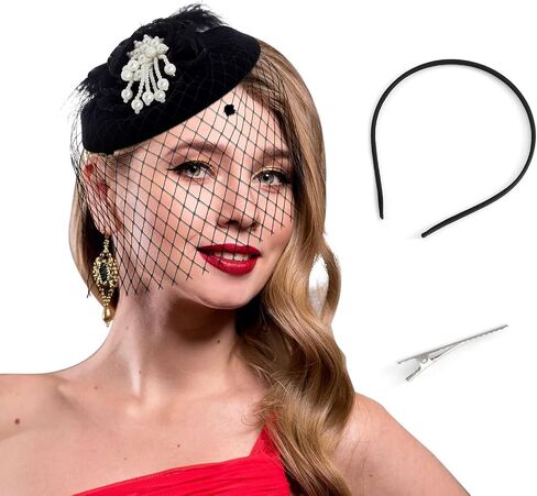 Bohend Fascinator Hat Flower Feather Veil Vintage Derby Hat Tea Party Wedding Hair Accessories with Pearl for Women and Girls in Saudi Arabia