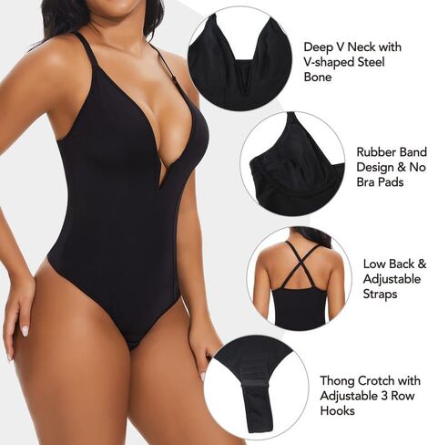 SHAPERIN Women's Deep V Neck Bodysuit Double Lined Plunge Tummy Control Shapewear Thong Body Suits Backless Cami Tank in Kuwait