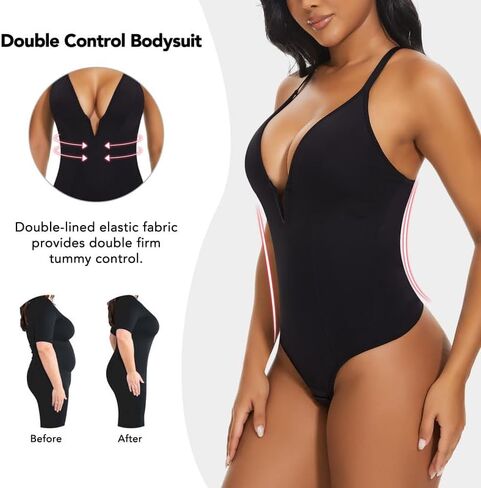 SHAPERIN Women's Deep V Neck Bodysuit Double Lined Plunge Tummy Control Shapewear Thong Body Suits Backless Cami Tank in Kuwait