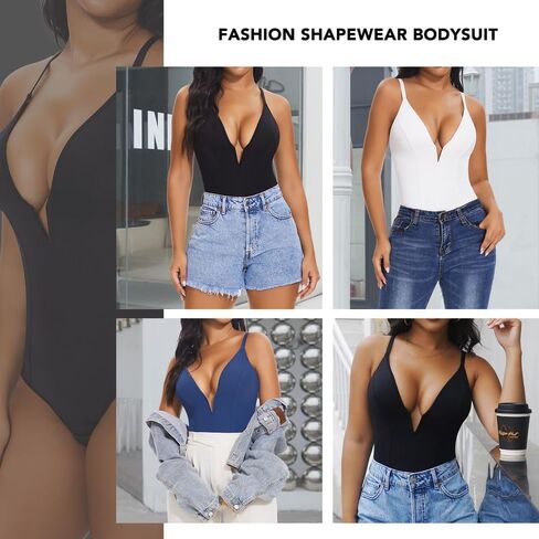 SHAPERIN Women's Deep V Neck Bodysuit Double Lined Plunge Tummy Control Shapewear Thong Body Suits Backless Cami Tank in Kuwait