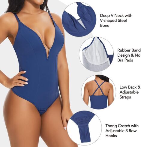 SHAPERIN Women's Deep V Neck Bodysuit Double Lined Plunge Tummy Control Shapewear Thong Body Suits Backless Cami Tank in Kuwait