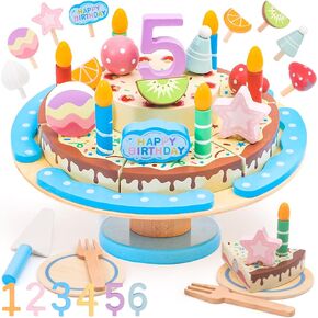 Wooden Birthday Cake Toy Set for Kids, Realistic Birthday Cake with Candles and Fruits for Pretend Play, Wooden Toys Educational Play Food for Birthday Parties and First Birthday Gifts for Kids in Saudi Arabia