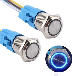 2pcs 22mm Metal Latching Push Button Switch 12V-24V ON/Off 5Pins 1NO 1NC for 7/8" Mounting Hole Waterproof Silver Shell with Socket Halo Ring Yellow LED Light in Kuwait