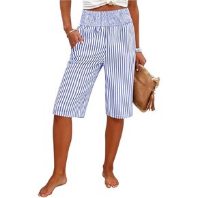 Women’s High Waist Striped Bermuda Shorts Loose Fit Elastic Waistband Knee Length Casual Summer Pants in Saudi Arabia