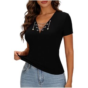Women Short Sleeve Top Casual T Shirt Summer Criss Cross V Neck Lightweight Soft Fashion Slim Fit Basic Tees Clothes in Kuwait