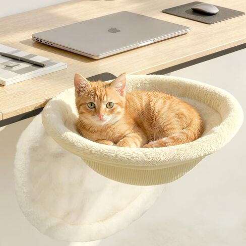 Pawaboo Cat Desk Bed, Sunken Cats Hammock with Steel Clamp Hold up to 40lbs, One-click Foldable Cat Side Table Beds with Soft Plush, Reversible & Washable Hanging Cats Bed for Game Office Home Desktop in Kuwait