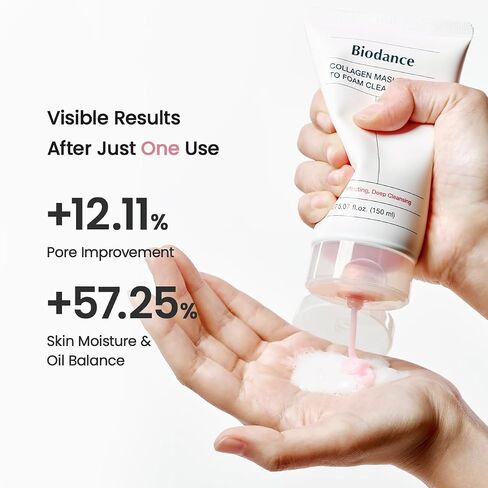 قناع الكولاجين BIODANCE إلى منظف رغوي، غسول الوجه الوردي للنساء، قناع المسام 2 في 1 ومنظف رغوي مرطب للوجه للبشرة الحساسة والبشرة الدهنية والعناية بالبشرة الكوريةㅣ5.07 فلوريدا. أوقية. (150 مل) in Saudi Arabia