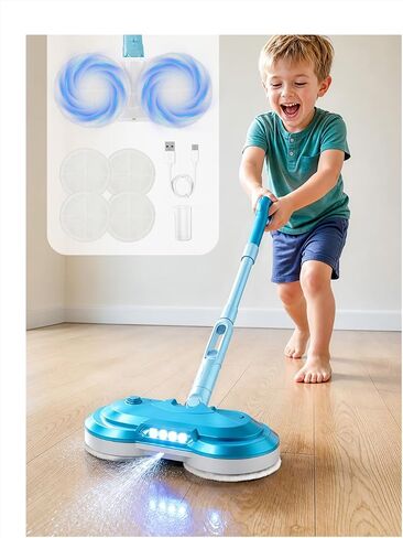 Kids Electric Spin Mop Toy, Rechargeable Cordless Electric Mop W/LED Headlight & Water Sprayer for Children Ages 3 4 5 6+ Boys & Girls, Cleaning Toy for Pretend Play (Light Blue) in Saudi Arabia