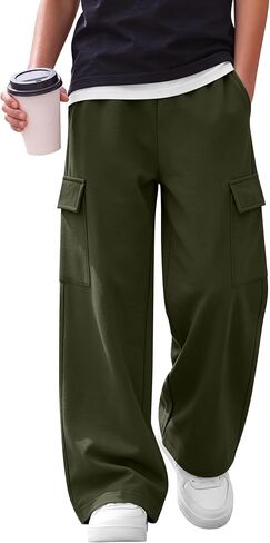 Boy's Cargo Sweatpants Baggy Wide Leg Pants Elastic Waist Open Bottom Joggers Casual Trousers with Pockets in Kuwait