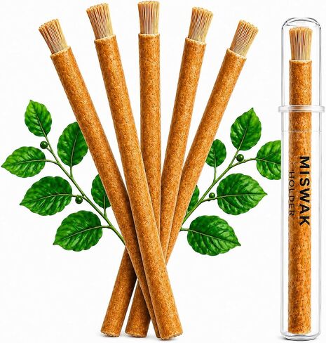 Miswak Sticks for Teeth Pack of 12 with Holder - 100% Natural Salvadora Persica Miswak Sticks - Traditional Oral Care Chewing Sticks - Vacuum Sealed in Kuwait