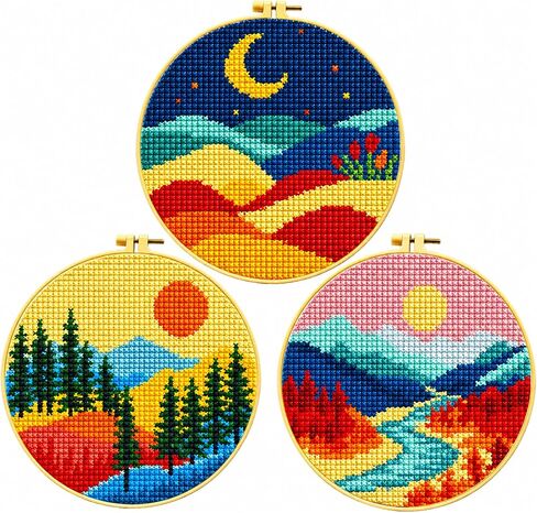 Zhenqing Pixel Landscape Cross Stitch Trio - 3 Piece Set 24x24cm with Hoops & Tools, Pre-Printed Night/Day/Dusk Scenes for Beginners(68221 in Saudi Arabia