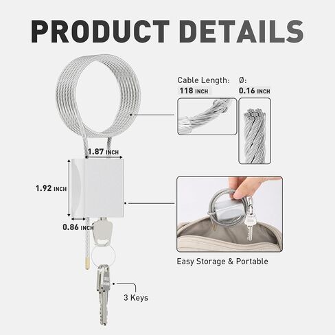 Cable Padlock Free Adjustable Lock 3 Keys, 1.15ft/0.35m Silver | Steel Cable 1/6"(4mm)Diameter, Lock & Secure, Weatherproof for Bikes, Lockers, Gate, Fence, Shed, Outdoor Equipment etc in Kuwait