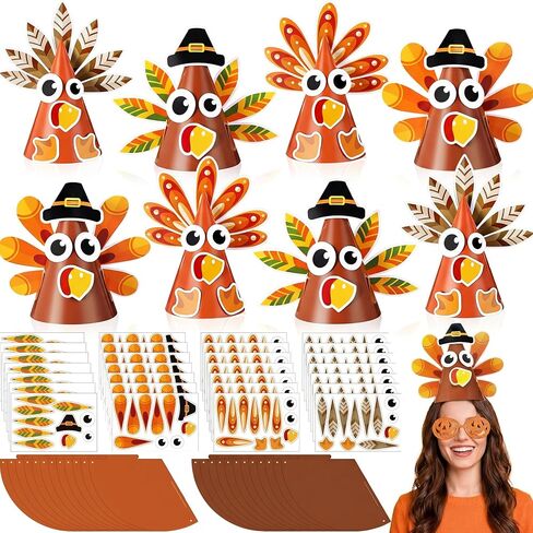 ForraFun 24 Sets Thanksgiving Turkey Cone Hats Craft Kits Make Your Own Paper Hats Arts Kit DIY Autumn Ornaments for Thanksgiving Fall Party Decorations Classroom Activities Supplies in Saudi Arabia