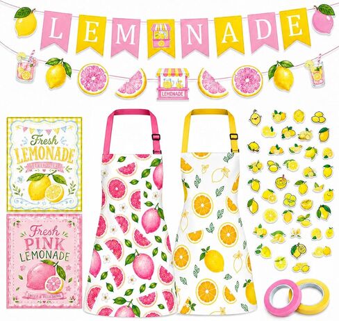 Lemonade Stand Supplies Set, 50 Pcs Lemonade Cups with Lids and Straws, 2 Pcs Kids Lemon Aprons with 2 Chef Hats, Wooden Blackboard with Chalks Banners Tablecloth Stickers for Summer Lemon Party Decor in Saudi Arabia