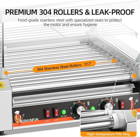 11-Roller Commercial Hot Dog Roller Machine, Sausage Grill with Glass Hood, Front Door & Warming Rack, Chain-Driven, 304 SS Rollers, 110V in Saudi Arabia