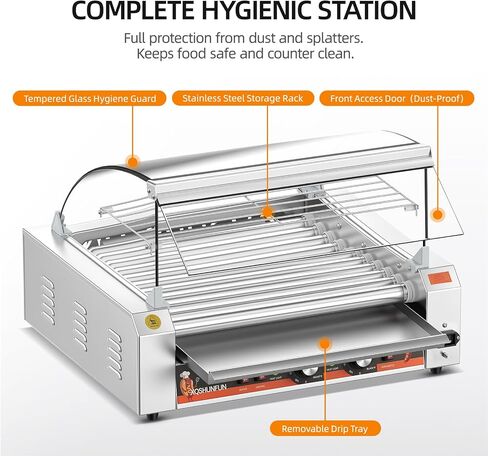 11-Roller Commercial Hot Dog Roller Machine, Sausage Grill with Glass Hood, Front Door & Warming Rack, Chain-Driven, 304 SS Rollers, 110V in Saudi Arabia