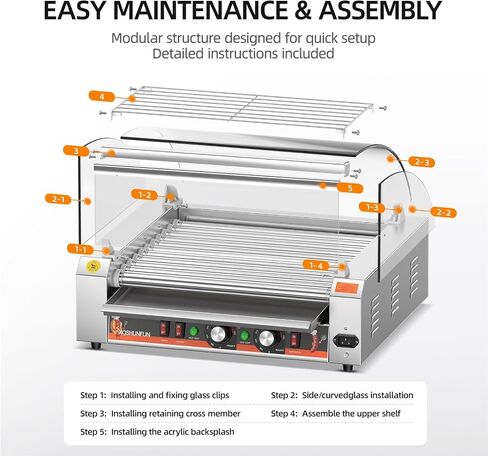 11-Roller Commercial Hot Dog Roller Machine, Sausage Grill with Glass Hood, Front Door & Warming Rack, Chain-Driven, 304 SS Rollers, 110V in Saudi Arabia