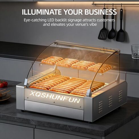 11-Roller Commercial Hot Dog Roller Machine, Sausage Grill with Glass Hood, Front Door & Warming Rack, Chain-Driven, 304 SS Rollers, 110V in Saudi Arabia