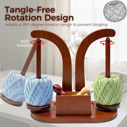Wooden Yarn Holder Spinner Stand with Phone Stand Exxbdz| Magnetic Yarn Minder Spindle Dispenser Rack for Knitting Crocheting |Wool Carousel: Double Hanging Spool Rack for Skein, Cake & Ball Yarn in Kuwait
