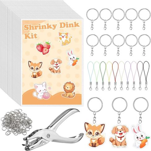 مجموعة HONSIO 141 قطعة Shrinky Dink مع 20 ورقة بلاستيكية منكمش و121 سلسلة مفاتيح إكسسوارات للأطفال والكبار الحرف اليدوية in Kuwait