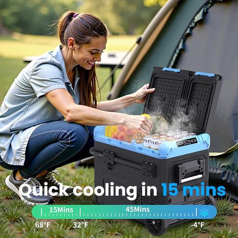 ثلاجة بفريزر السيارة سعة 45 لتر، -4 ℉ ~ 68 ℉ 48QT مبرد ضاغط محمول لمنطقة واحدة مع باب قابل للعكس، وفتحة بطارية، وعجلات لجميع التضاريس، 100-240 فولت تيار متردد / 12 فولت / 24 فولت تيار مستمر، ضوء LED - أزرق ثلجي in Kuwait