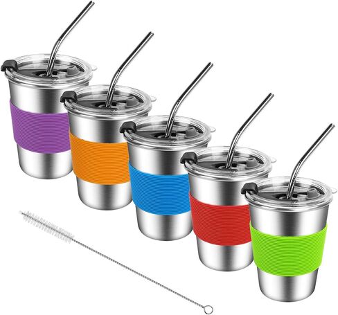 ShineMe 5Pack Kids Cups with Straws and Lids Spill Proof, 12oz Toddler Straw Cups with Colorful Silicone Sleeves, Unbreakable Stainless Steel Water Tumblers for Cold & Hot Drinks in Kuwait
