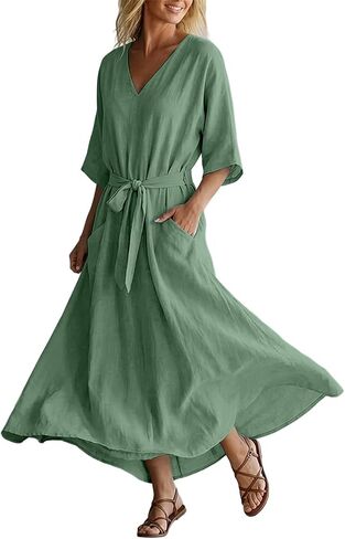 Beessbest Summer Dresses for Women Casual 3/4 Sleeve Dresses V Neck Tied Waist Dress Flowy Vacation Sundress with Pockets in Kuwait