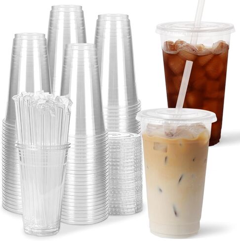 100 Pack 16 oz Clear Plastic Cups with Lids and Straws, Disposable Iced Coffee Cups To Go Sturdy Smoothie Cups for Cold Drinks in Kuwait