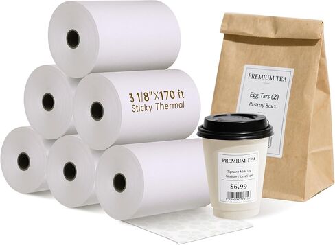 ورق إيصالات حراري لاصق مقاس 3 1/8 بوصة × 170 بوصة | 6 لفات لاصقة خالية من التجاعيد | لـ TOAST POS، Epson TM-L90، ملصقات طلب المطبخ والتسليم والشحن | خالية من البقايا in Kuwait