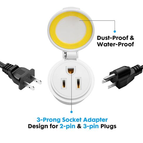 Onite 2-Pack Light Bulb Plug to Outlet Converter، 3-Prong Plug E26 محول المقبس مع غطاء الوجه مقاوم للماء للخارجية، الفناء، أضواء العطلات - 1250 واط كحد أقصى، قاعدة E26/E27، أبيض in Kuwait