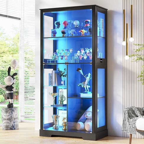Lvifur 71" Display Cabinet with Glass Doors, Modern Curio Cabinet with 3 Color Lights, 7-Tiers Glass Display Cases for Collectibles, Tall Lego Storage Cabinet with Human Body Sensor (Black) in Saudi Arabia