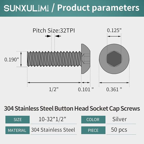 10-32 x 1 Button Head Socket Cap Bolts Screws, 304 Stainless Steel, Allen Hex Drive, Bright Finish, Fully Machine Thread 50PCS in Kuwait
