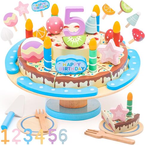 Wooden Birthday Cake Toy Set for Kids, Realistic Birthday Cake with Candles and Fruits for Pretend Play, Wooden Toys Educational Play Food for Birthday Parties and First Birthday Gifts for Kids in Saudi Arabia