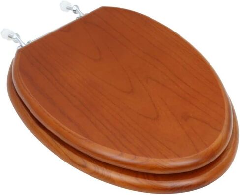 Renovators Supply Manufacturing™ Light Oak Wooden Elongated Toilet Seat with Brass PVD Hinges – Solid Hardwood, Durable Cross-Frame Design in Kuwait