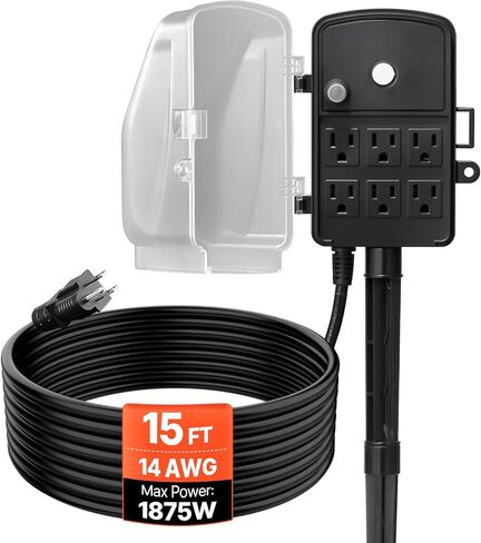 VEVOR Outdoor Power Stake مقاوم للماء، سلك تمديد 50 قدمًا، شريط طاقة خارجي، مقاوم للطقس مع غطاء وحماية من الحمل الزائد، 6 منافذ، 15A/1875W لتزيين أضواء الهالوين/عيد الميلاد in Kuwait