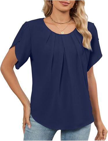 Womens Ruched Tops Dressy Casual Blouse Short Sleeve Solid Color T Shirts Loose Fit Tees Summer Fashion Clothing in Saudi Arabia