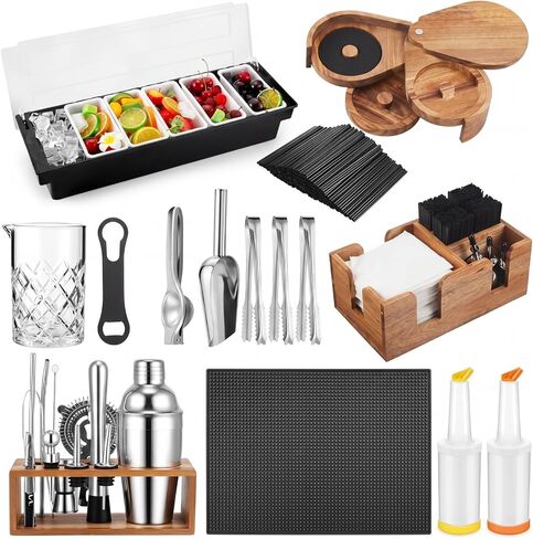 Mifoci 28 Pcs Bartender Kit, Mixologist Bartender Kit Garnish Tray with Lid Bar Caddy and 3 Tier Glass Rimmer, 17 Pcs Margarita Cocktail Shaker Set with Wooden Base for Home Bar Gift Set(PVA Plastic) in Kuwait