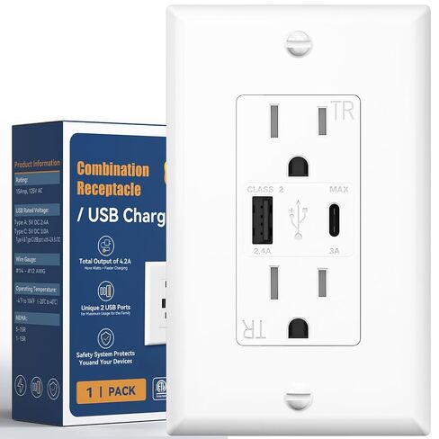 حزمة من 6 منافذ USB من أميكو، منافذ حائط بمنفذين 21 وات مع نوع واحد A و1 نوع C، قابس مقبس 15 أمبير، وعاء مقاوم للعبث، لوحة حائط متضمنة، قائمة ETL، أبيض in Kuwait