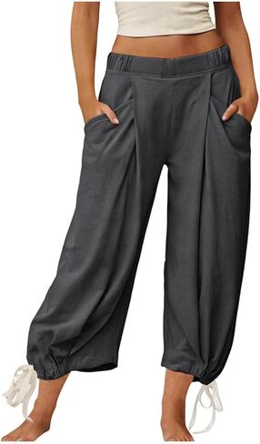 Womens Baggy Wide Leg Pants Loose Elastic Waisted Lounge Harem Beach Palazzo Trousers with Pockets Boho Hippie Pants in Kuwait