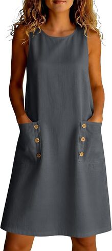 Beessbest Summer Dresses for Women Faux Cotton Linen Mini Dress Casual Sleeveless Dress A-line Vacation Outfits with Pockets in Kuwait